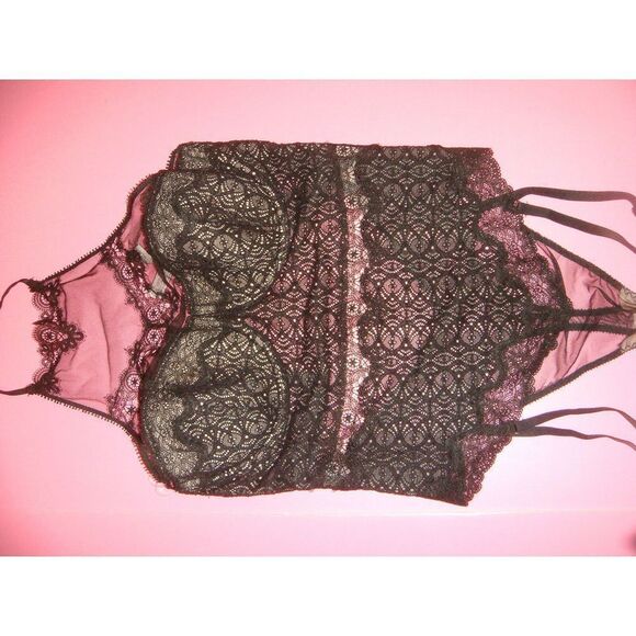 Victoria's Secret 36D BRA SET+garter TEDDY+L thong+ROBE BLACK embroidered lace - Picture 3 of 8